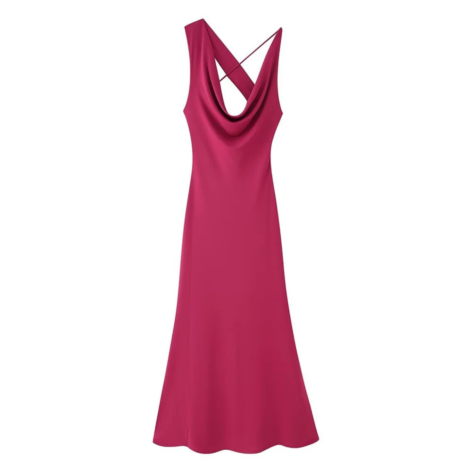 Magenta cowl-neck midi dress.