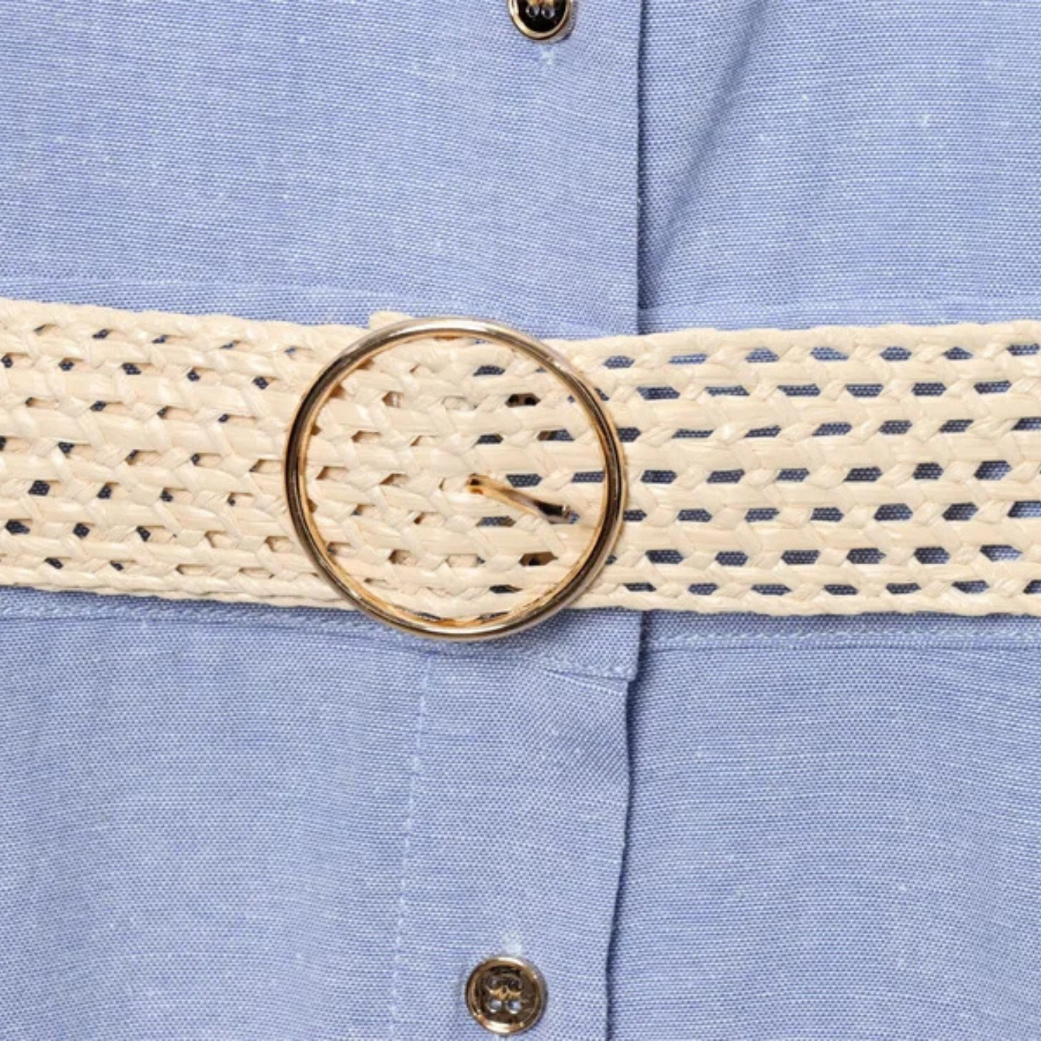 Blue dress with woven belt.