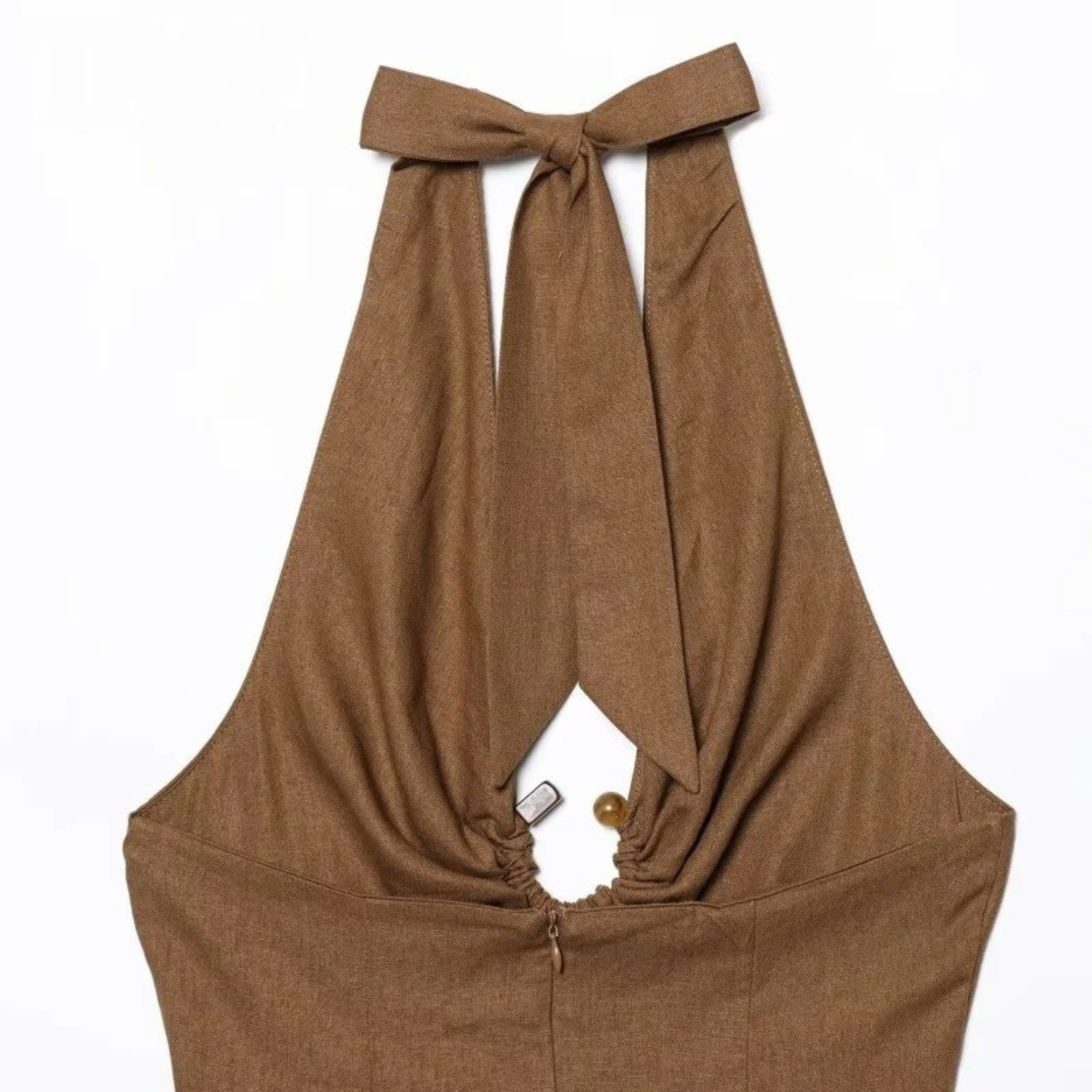 Brown halter dress with tie back.
