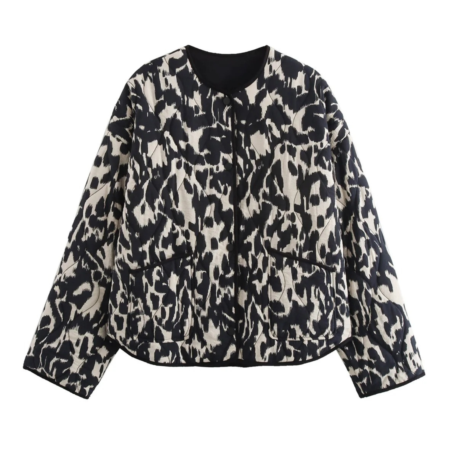 Black and white patterned quilted jacket.