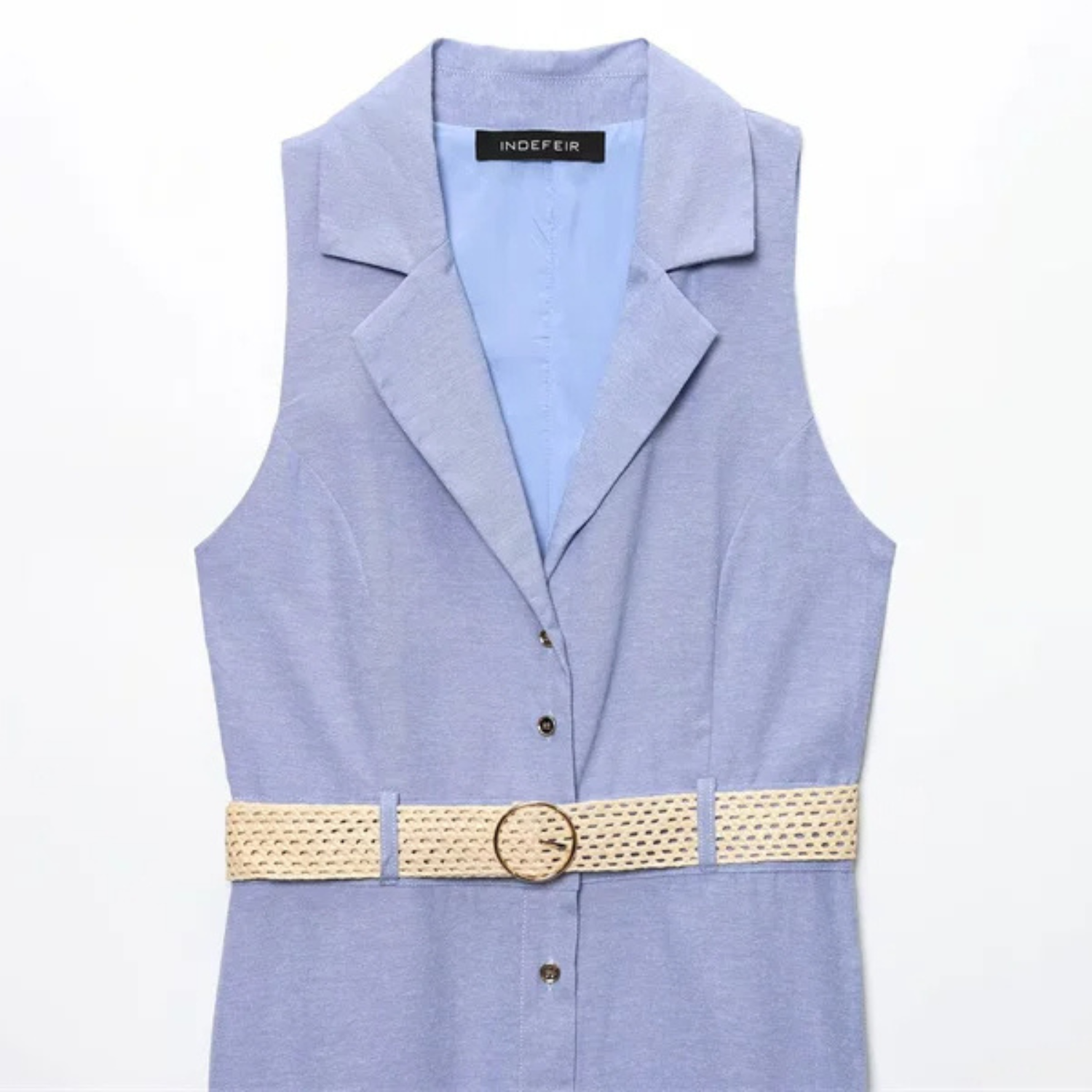 Sleeveless periwinkle dress with woven belt.