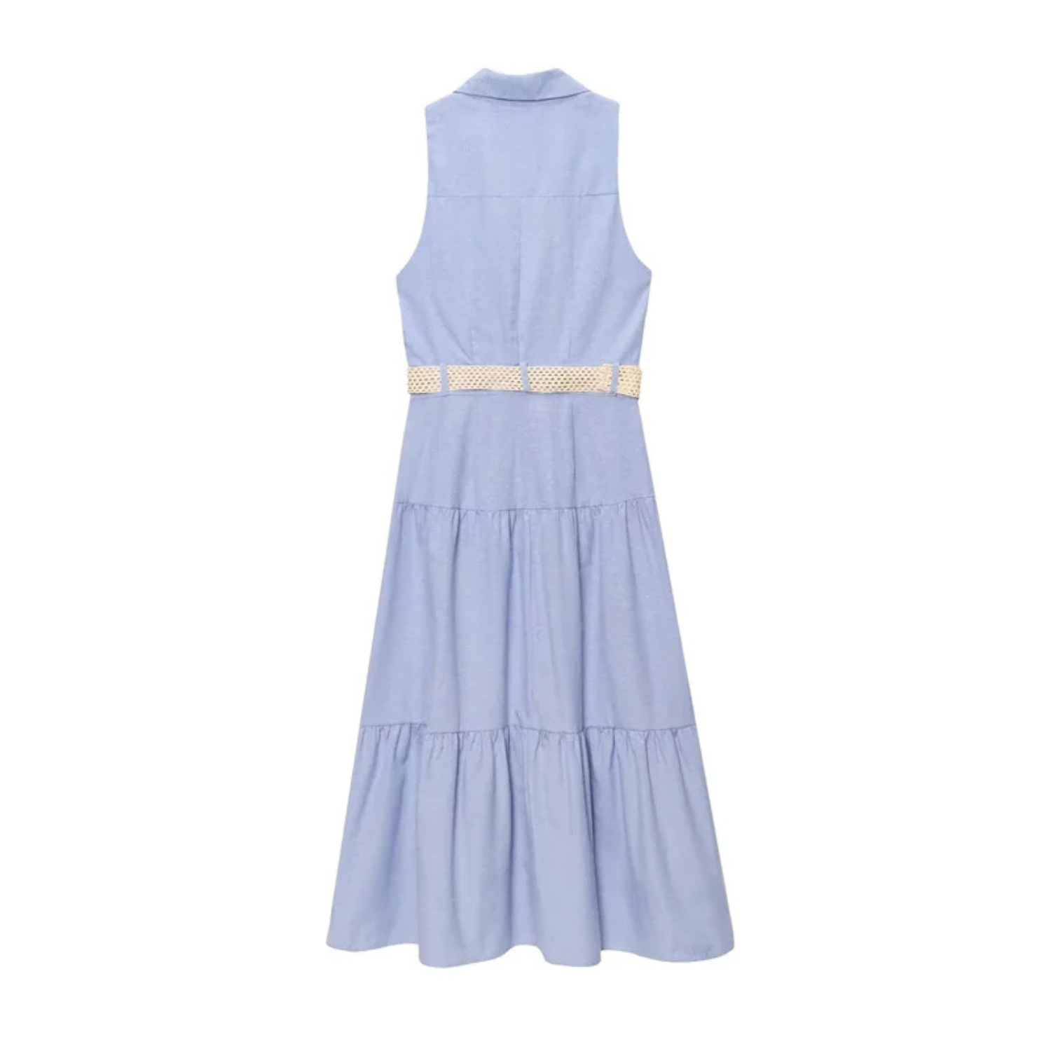 Light blue sleeveless tiered dress with belt.