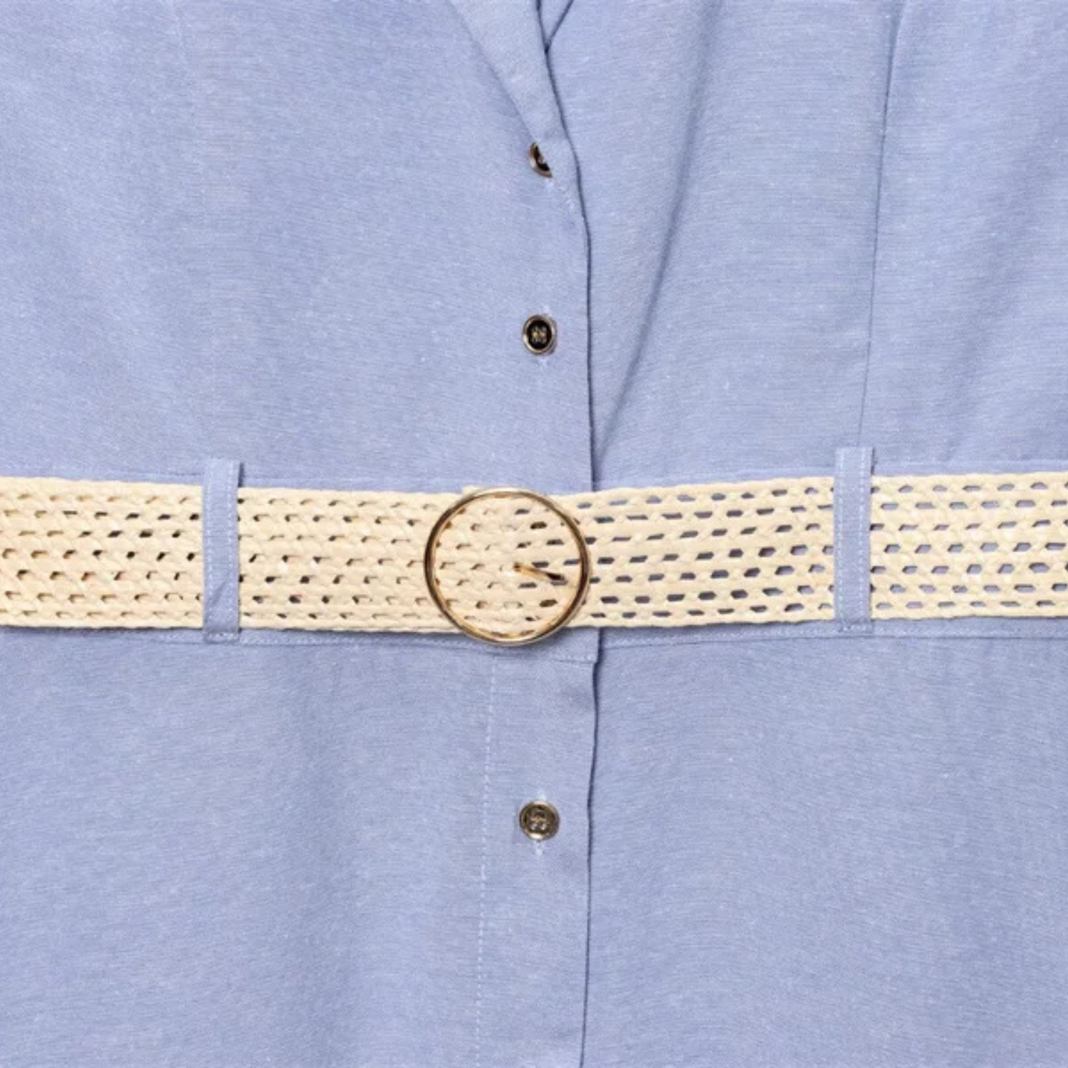 Blue button-down dress with woven belt.