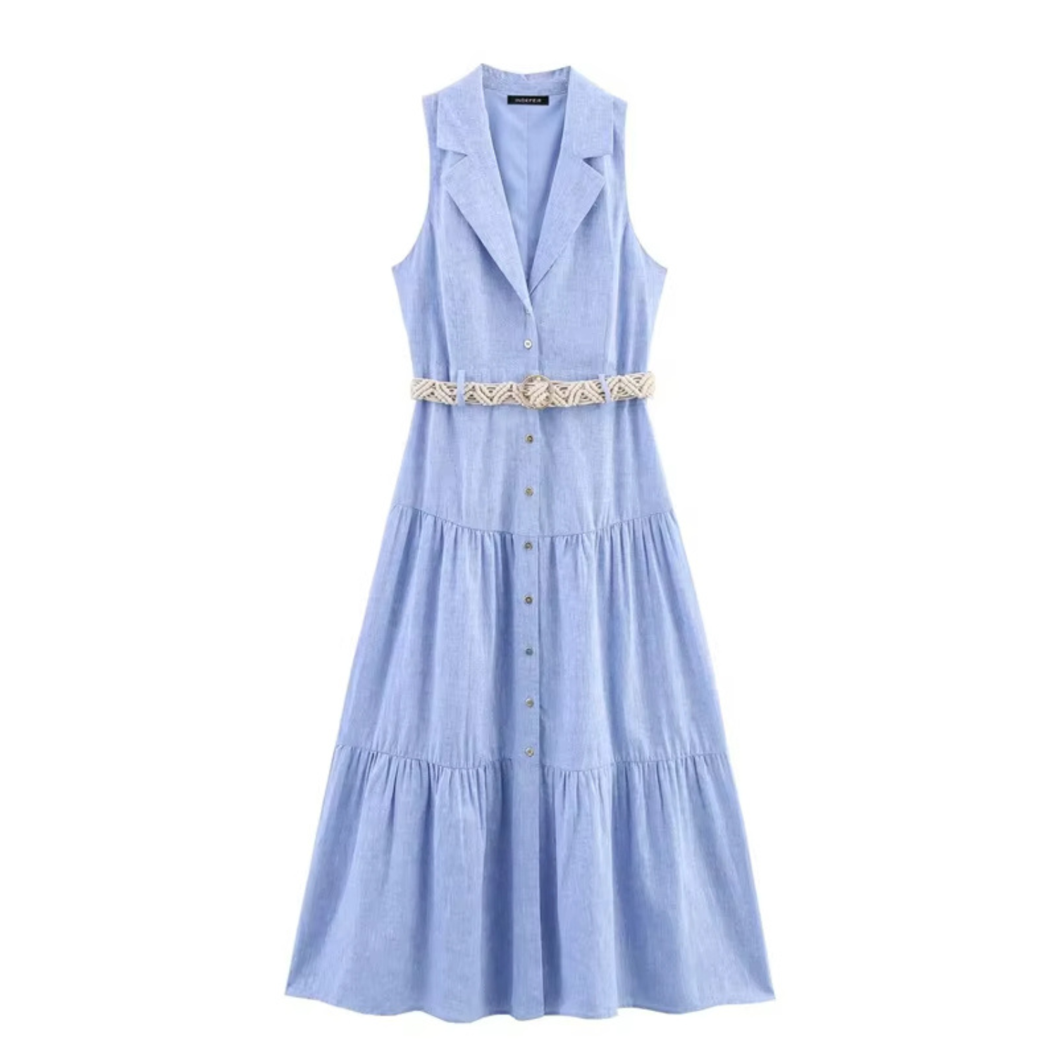 Sleeveless, light blue, collared, tiered dress with belt.
