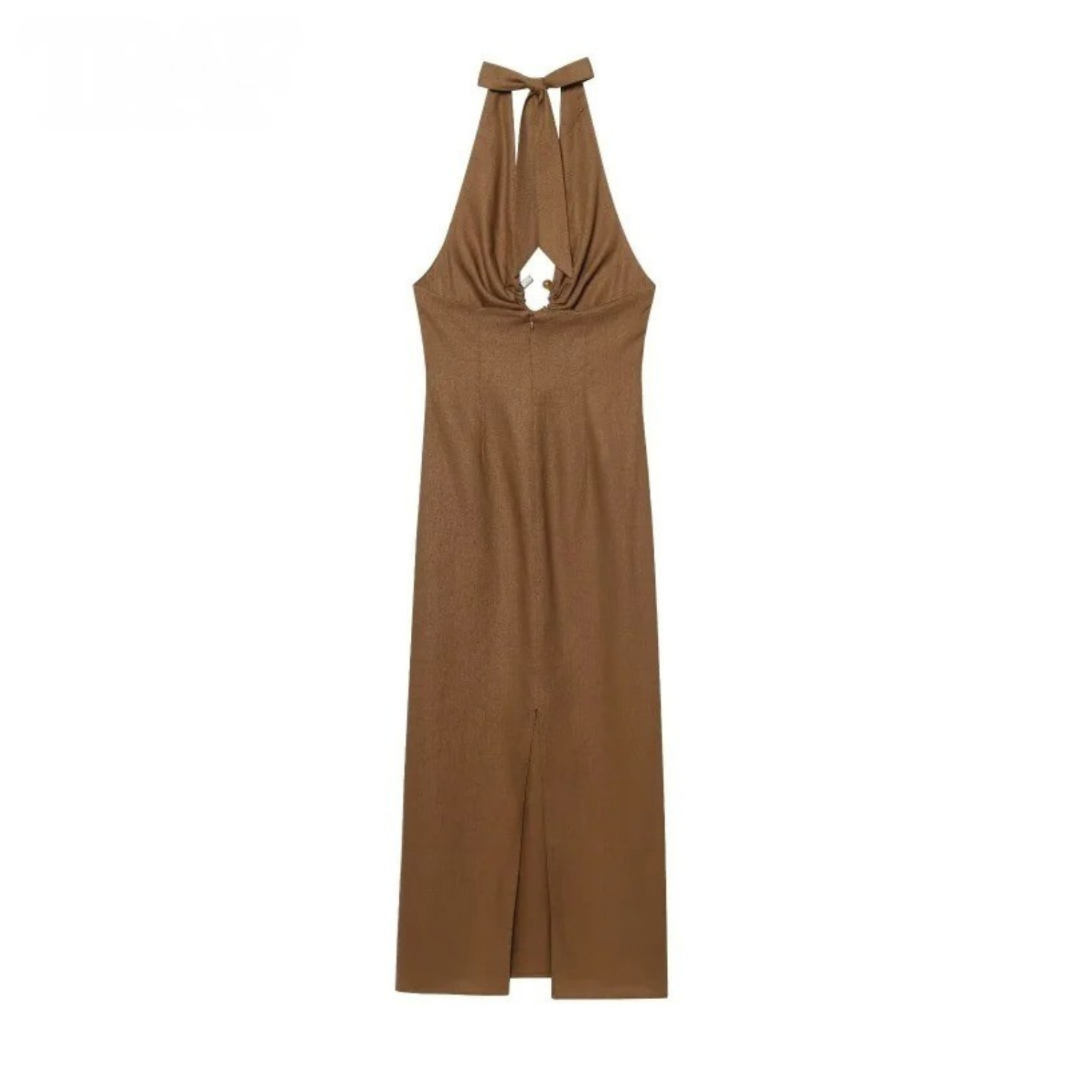 Brown halter neck midi dress.