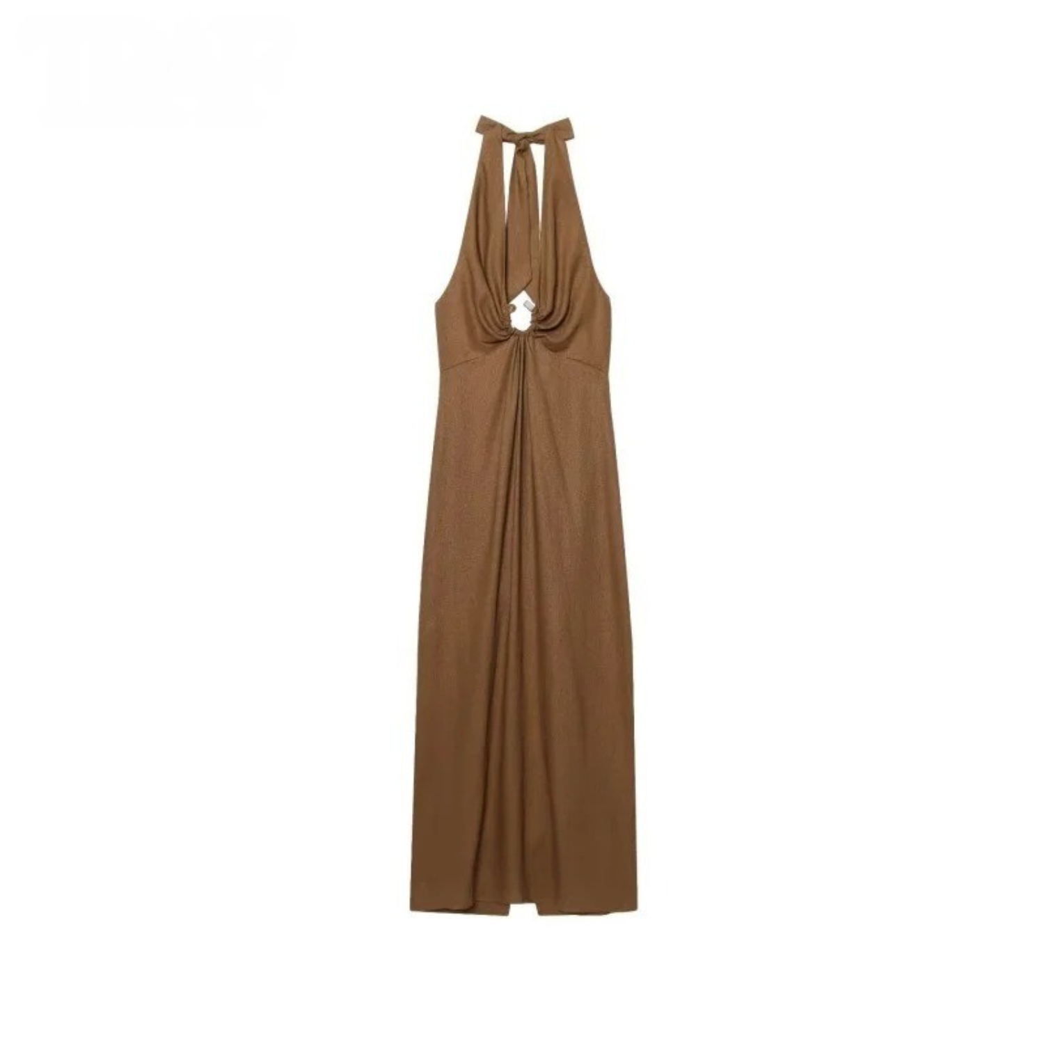Brown halter maxi dress.