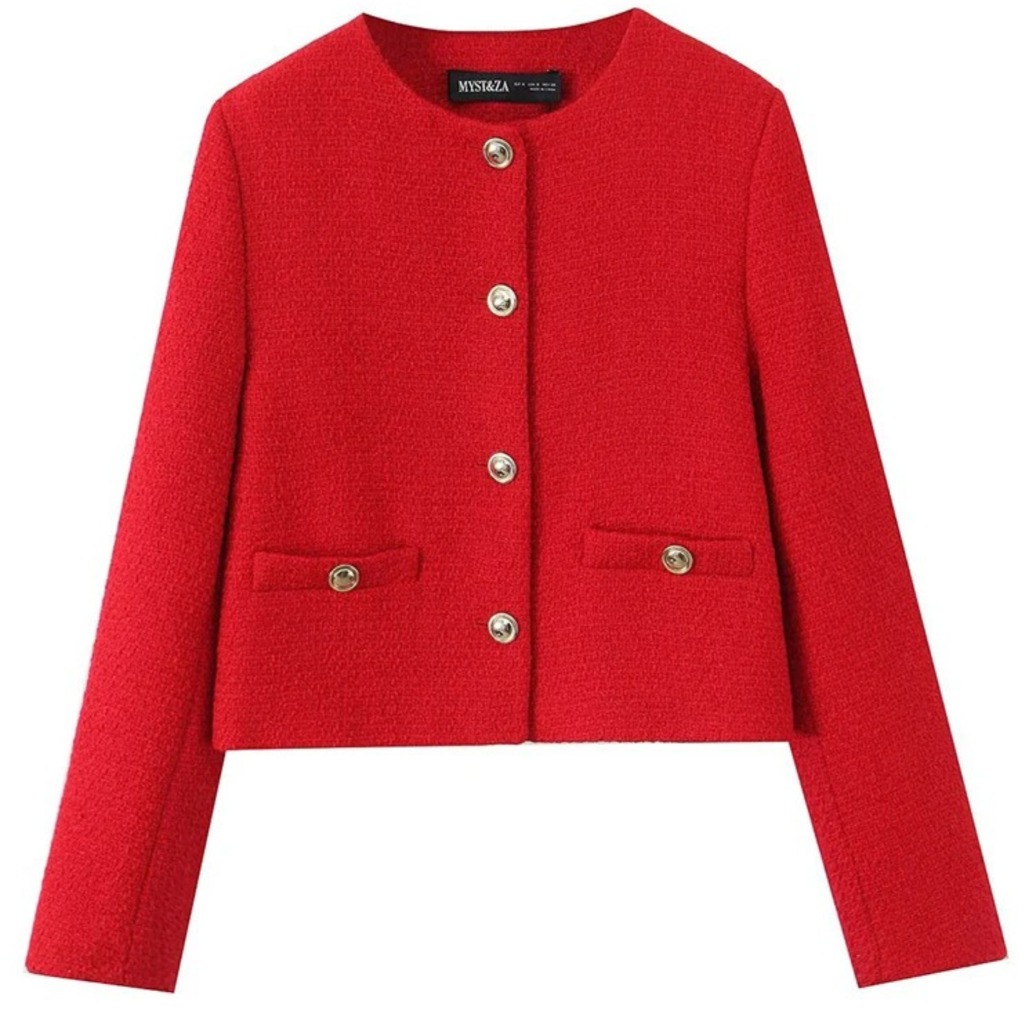 Red tweed jacket with gold buttons.