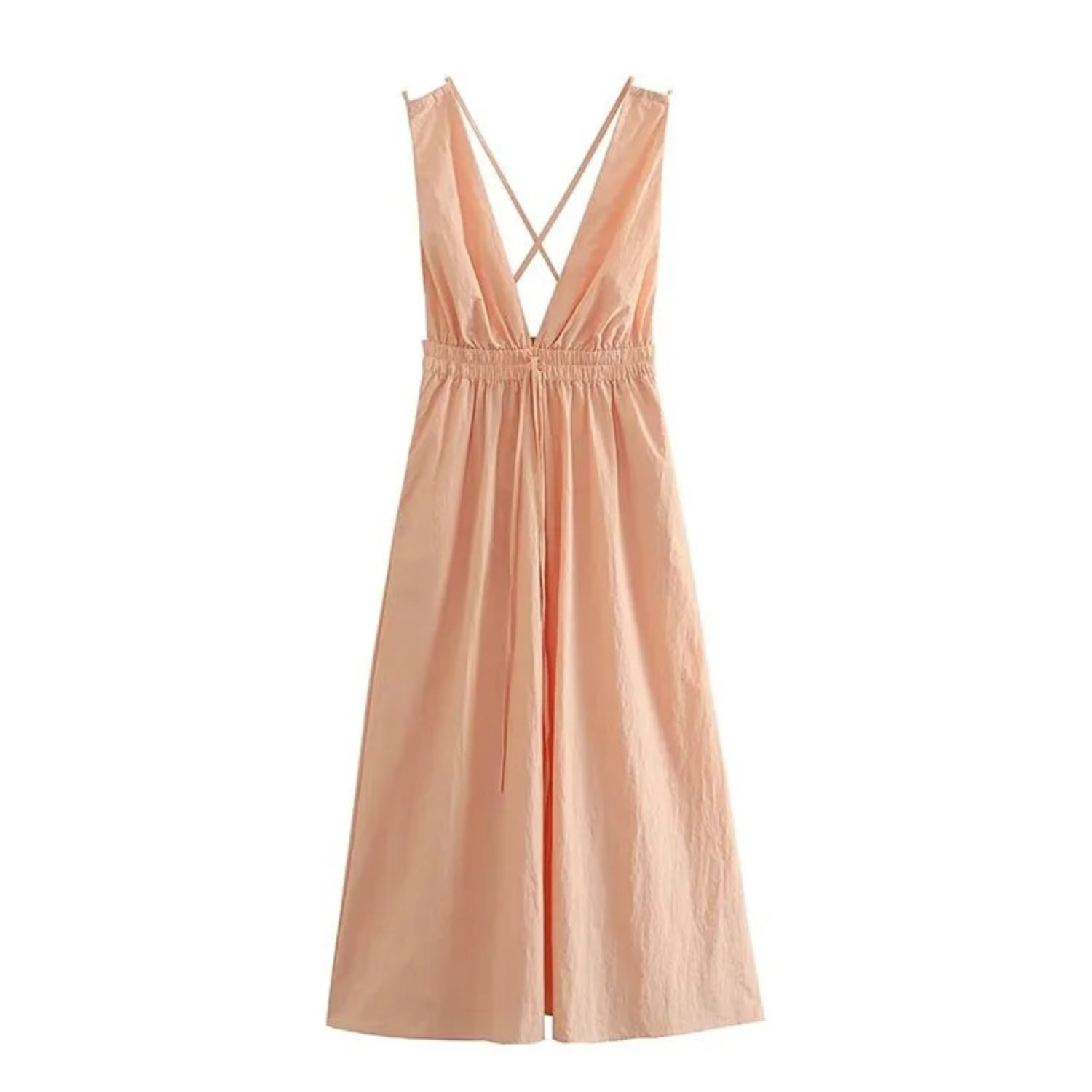 Peach-colored, sleeveless, cross-back jumpsuit.