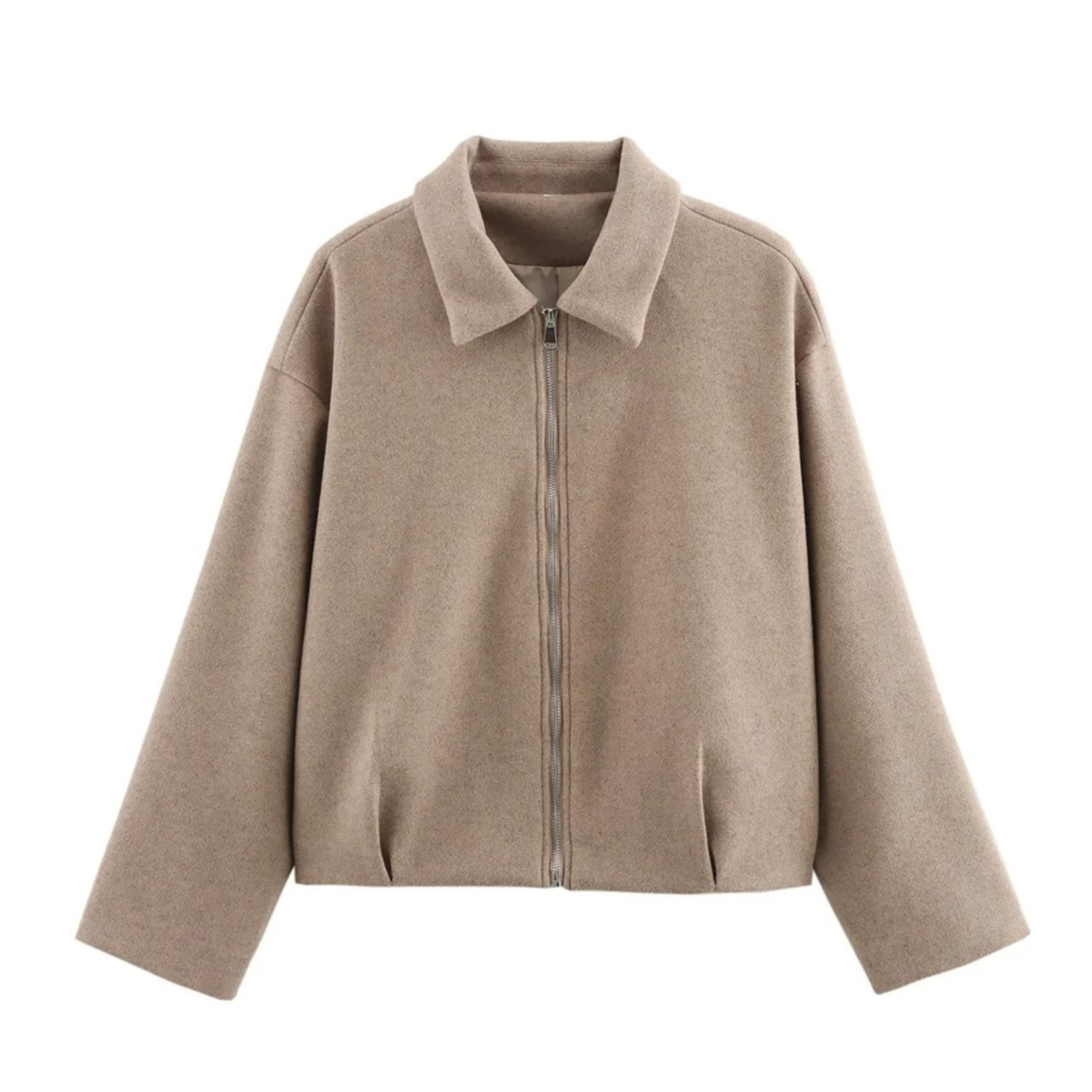 Beige zip-up jacket.